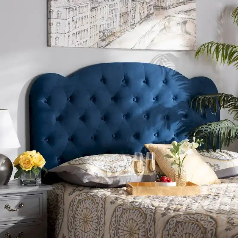 Navy Blue Velvet Upholstered Headboard with Button Tufting