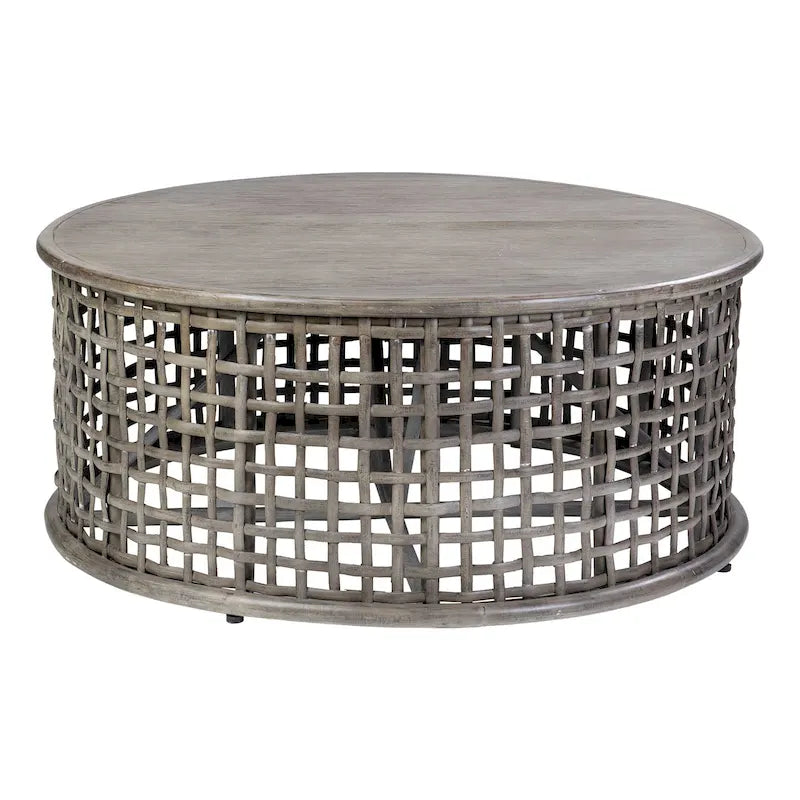 Tavolino da caffè rotondo in legno e rattan grigio