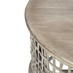 Grijze ronde salontafel van hout en rotan
