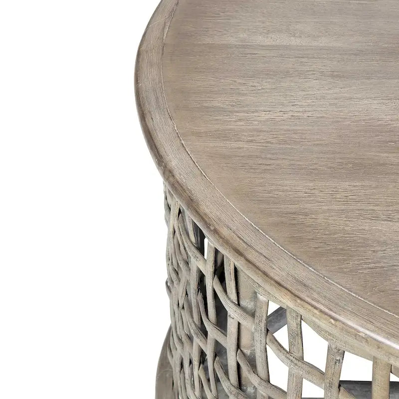 Tavolino da caffè rotondo in legno e rattan grigio
