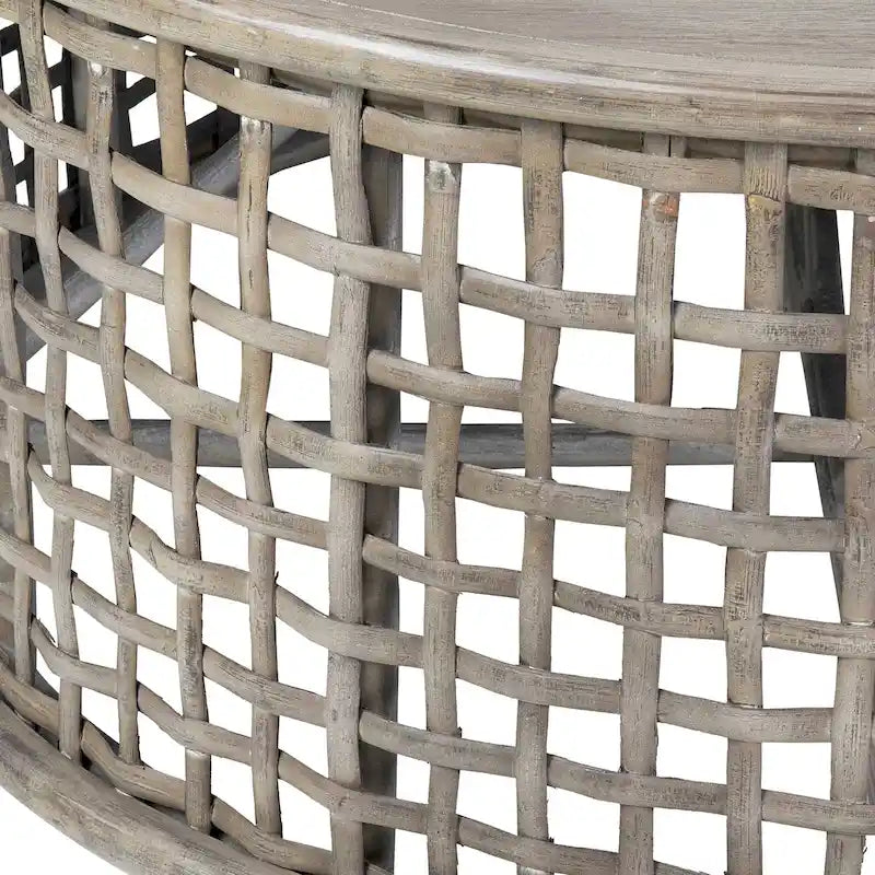 Grijze ronde salontafel van hout en rotan