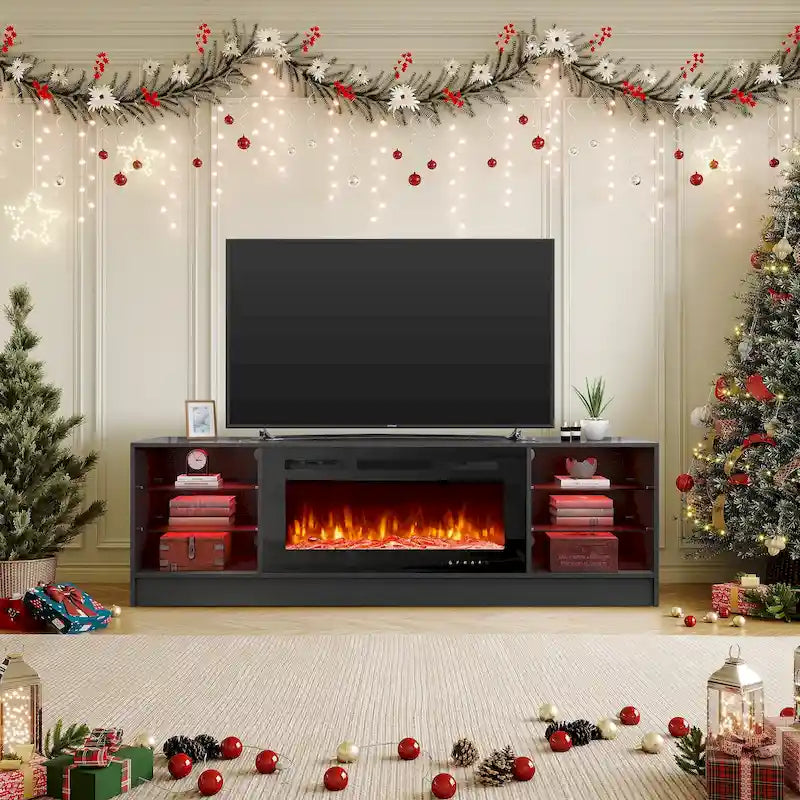 Meuble TV avec foyer électrique et étagères de rangement