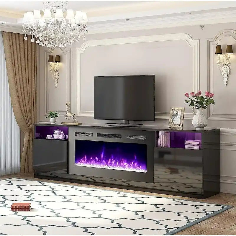Meuble TV avec foyer électrique et étagères de rangement