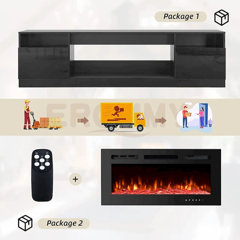 Meuble TV avec foyer électrique et étagères de rangement