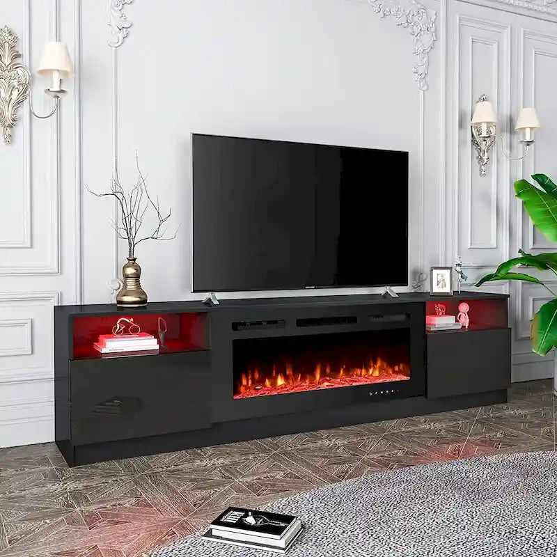 Meuble TV avec foyer électrique et étagères de rangement