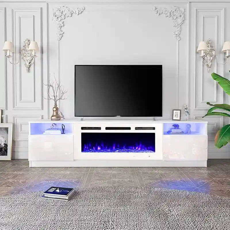 Meuble TV avec foyer électrique et étagères de rangement