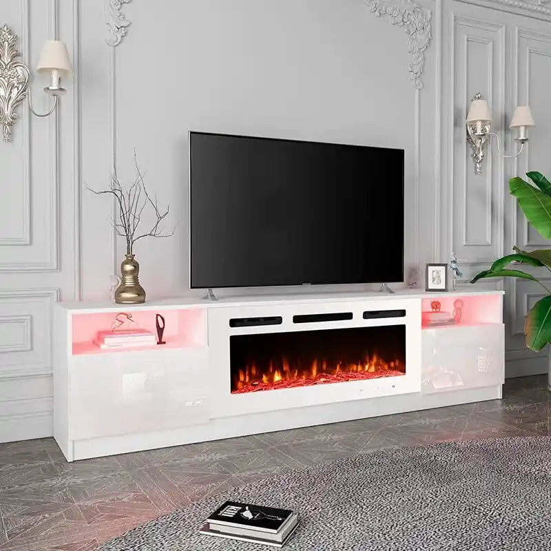 Meuble TV avec foyer électrique et étagères de rangement