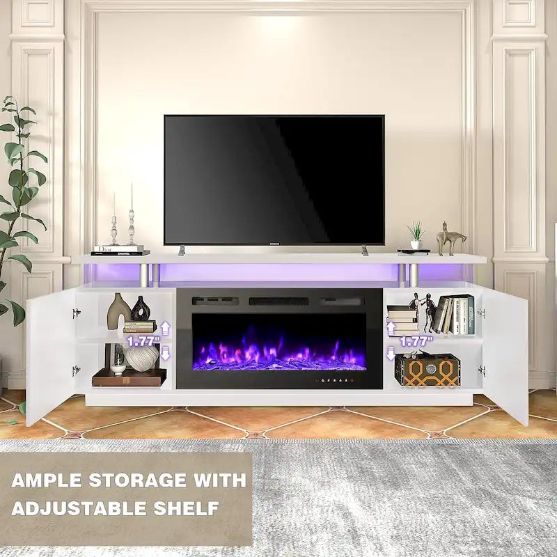 Meuble TV avec foyer électrique et étagères de rangement