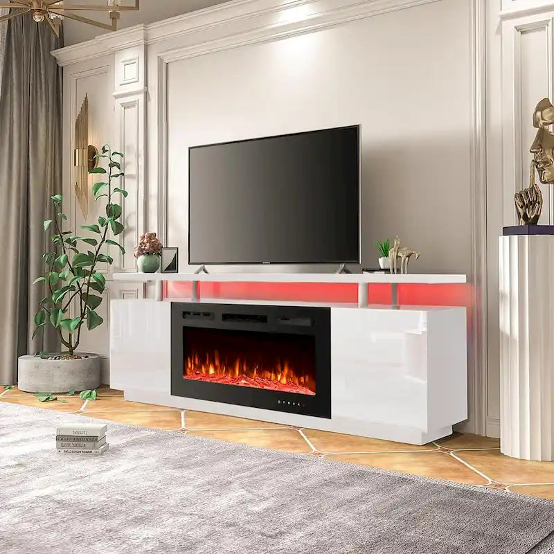Meuble TV avec foyer électrique et étagères de rangement