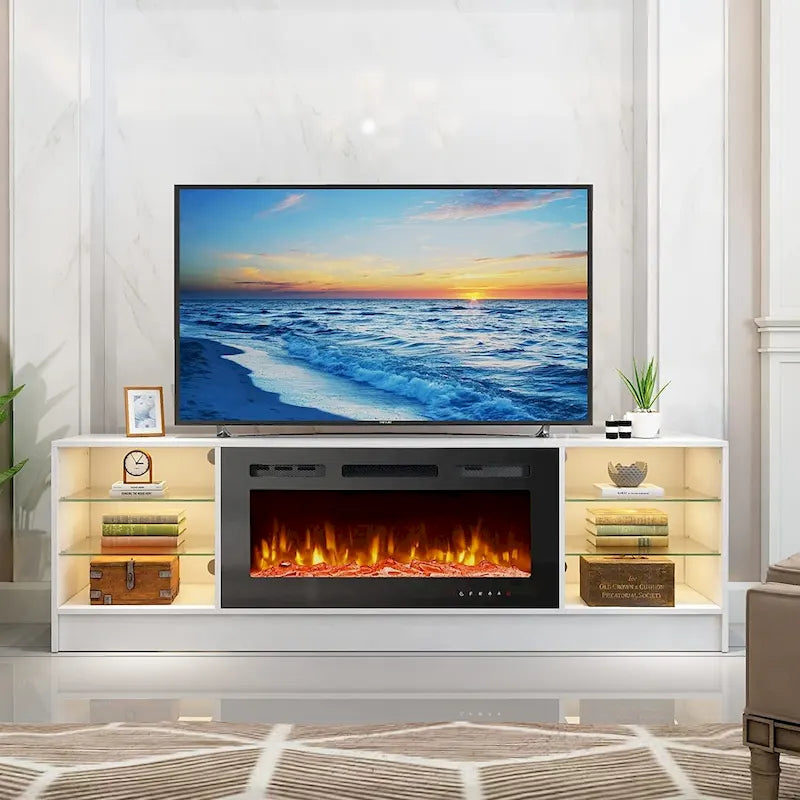 Meuble TV avec foyer électrique et étagères de rangement