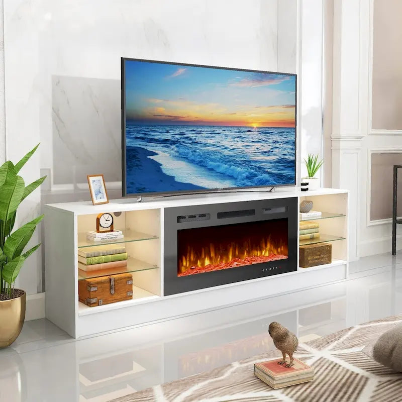 Meuble TV avec foyer électrique et étagères de rangement