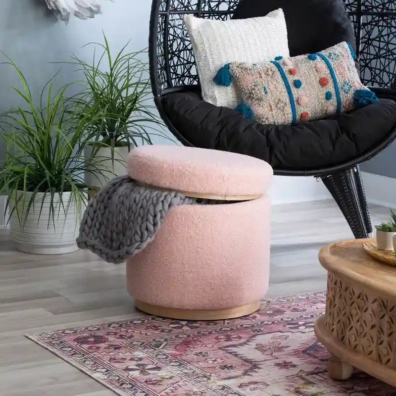 Upholstered Storage Ottoman with Wood Trim