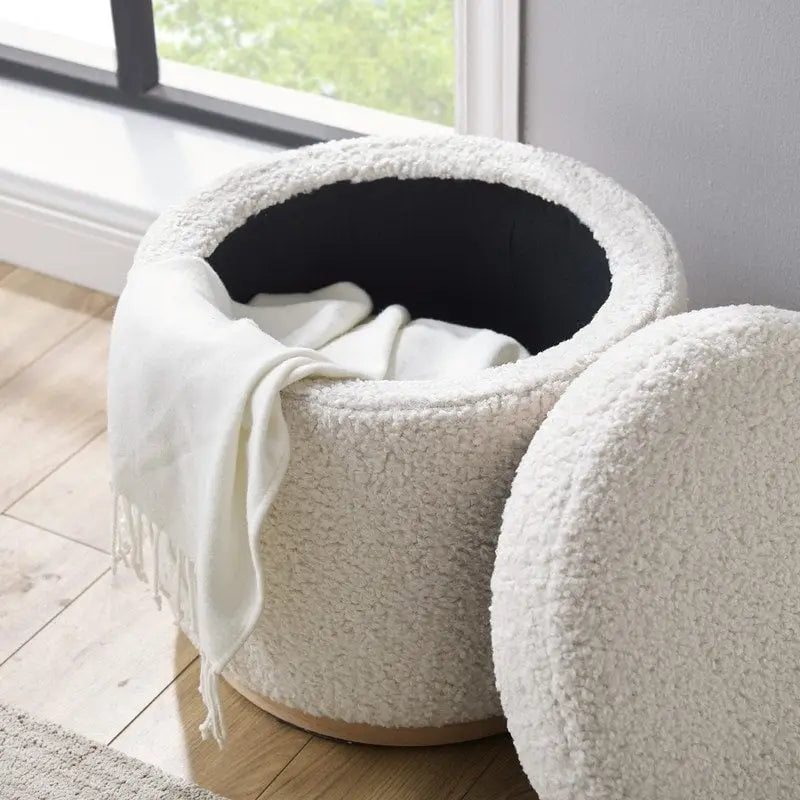 Upholstered Storage Ottoman with Wood Trim