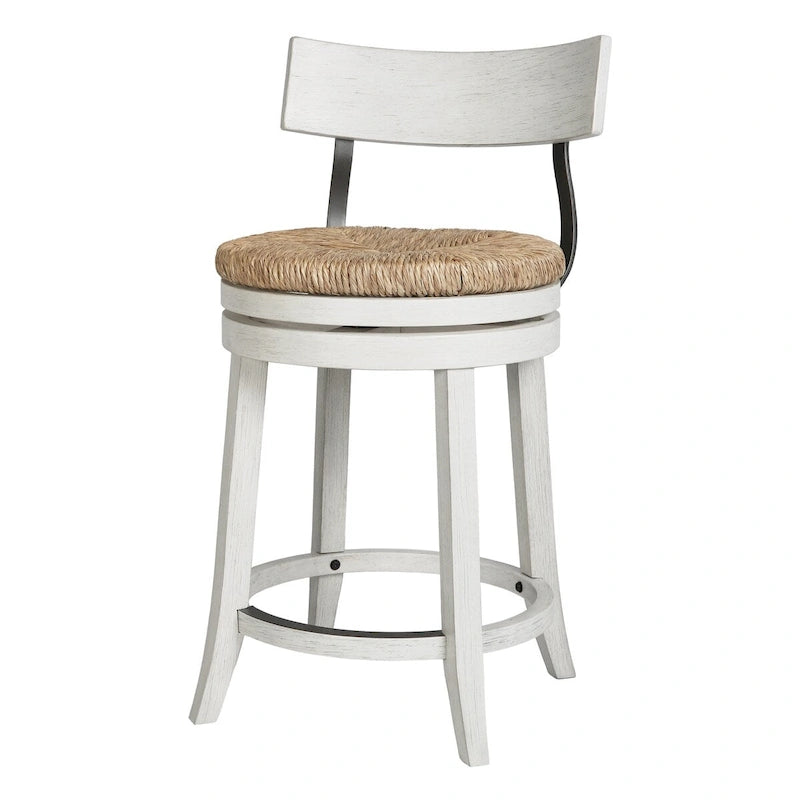Farmhouse Swivel Wood and Steel Bar Stool with Natural Seagrass Seat