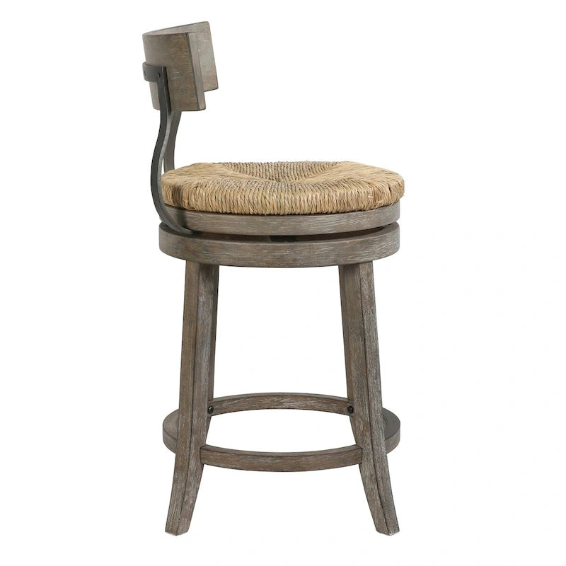Drehhocker aus Holz und Stahl mit Sitzfläche aus Seegras