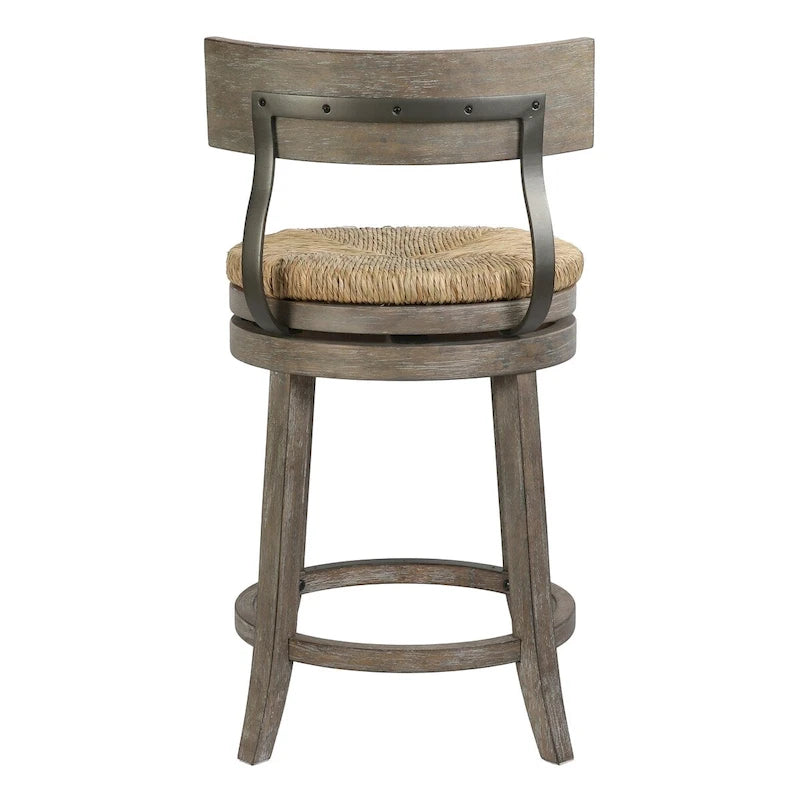 Drehhocker aus Holz und Stahl mit Sitzfläche aus Seegras
