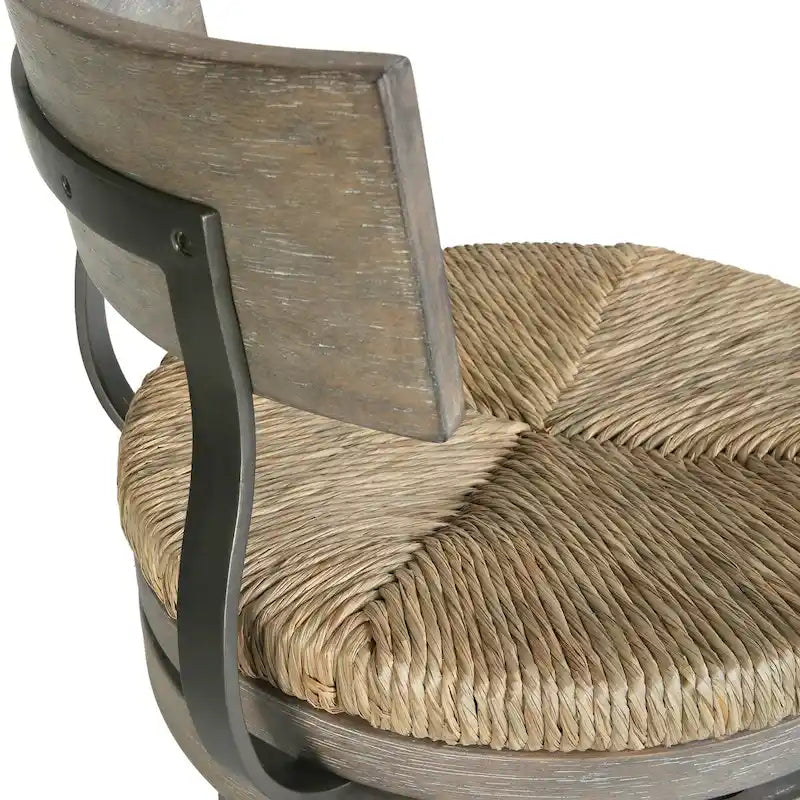 Drehhocker aus Holz und Stahl mit Sitzfläche aus Seegras