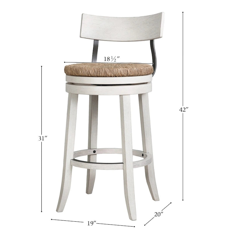 Drehhocker aus Holz und Stahl mit Sitzfläche aus Seegras