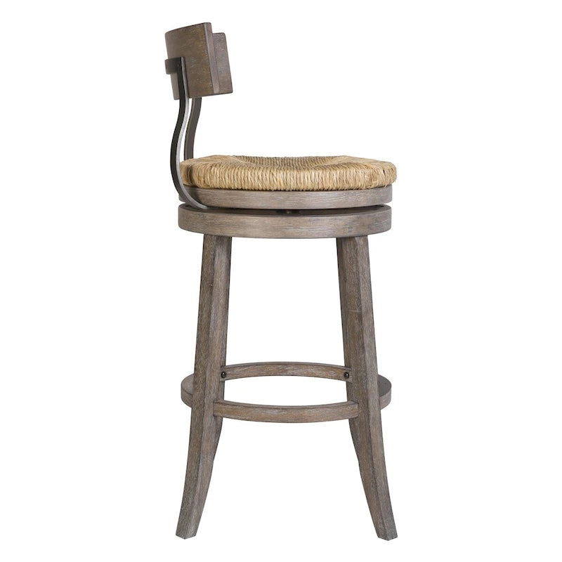 Drehhocker aus Holz und Stahl mit Sitzfläche aus Seegras