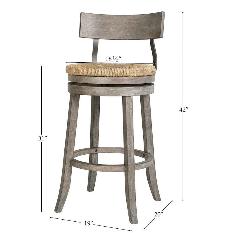 Drehhocker aus Holz und Stahl mit Sitzfläche aus Seegras