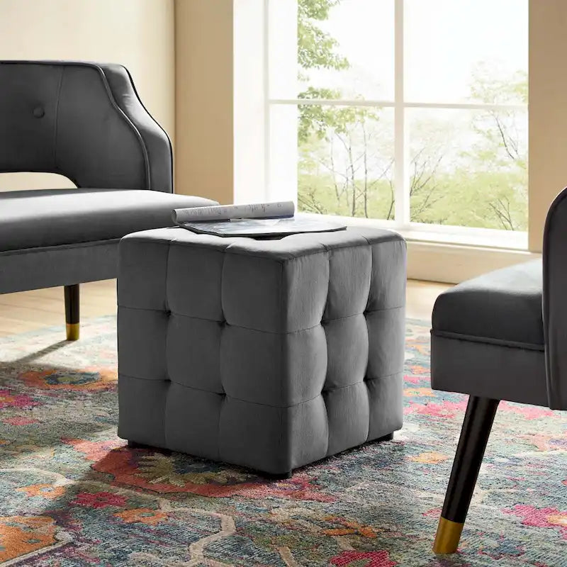 Porch & Den Croeni Velvet Tufted Cube Ottoman