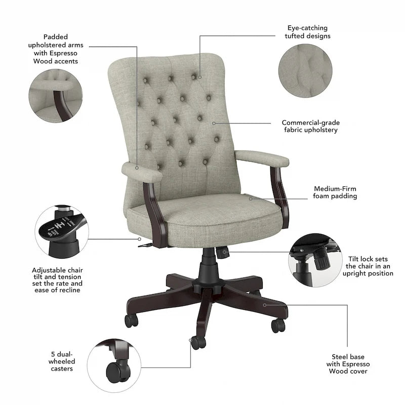Fauteuil de bureau capitonné à dossier haut avec accoudoirs